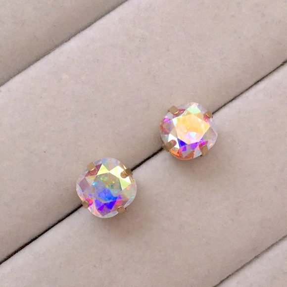 Aurora Borealis + Brass Cushion Cut Crystal Earrings - Picture 4 of 9